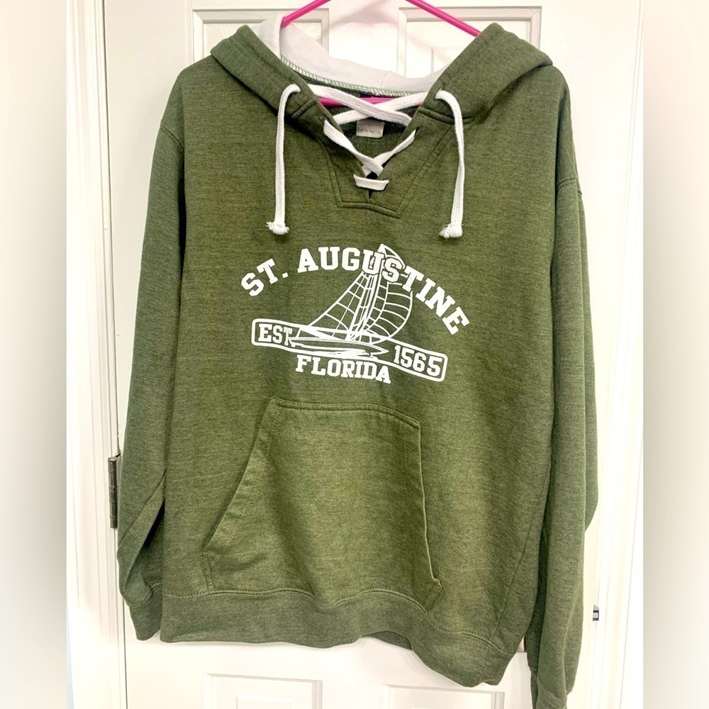 St Augustine, Florida hoodie, sage green w/decorative tie. Unisex Size M